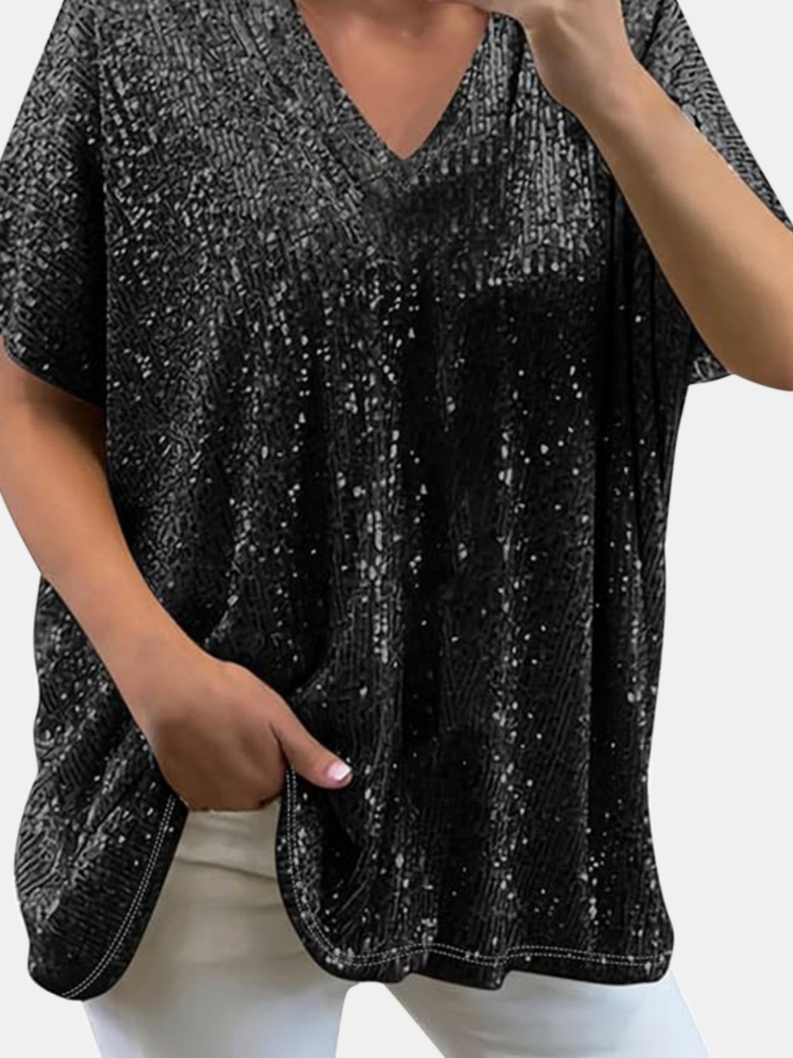 Full Size Sequin V - Neck Short Sleeve Top - Flip Flop Dynasty