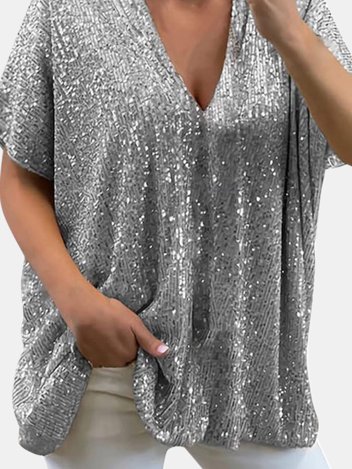 Full Size Sequin V - Neck Short Sleeve Top - Flip Flop Dynasty