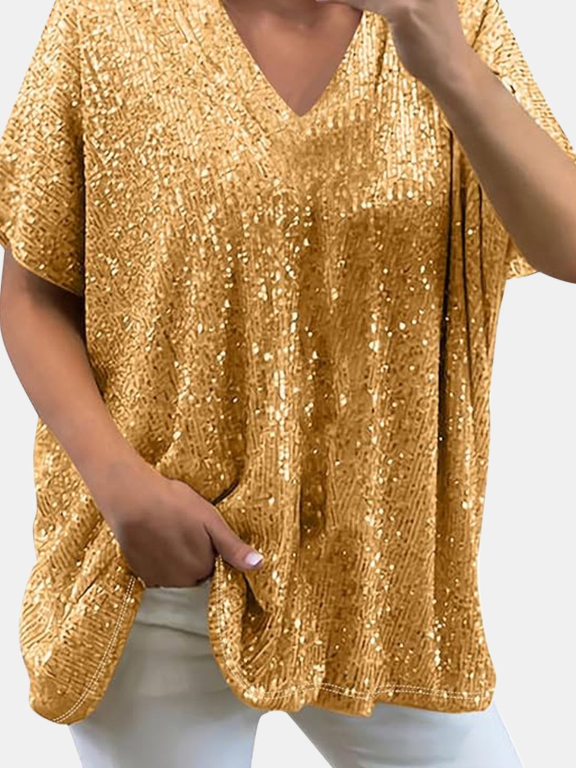 Full Size Sequin V - Neck Short Sleeve Top - Flip Flop Dynasty