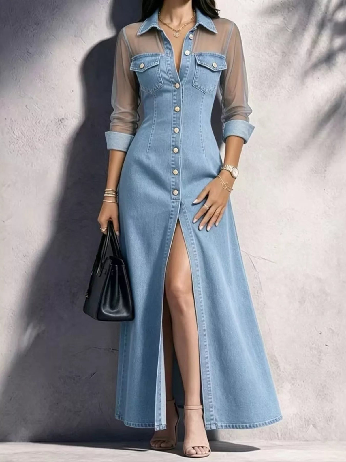 Full Size Sheer Mesh Panel Button-Down Denim Maxi Dress Plus Size - Flip Flop Dynasty