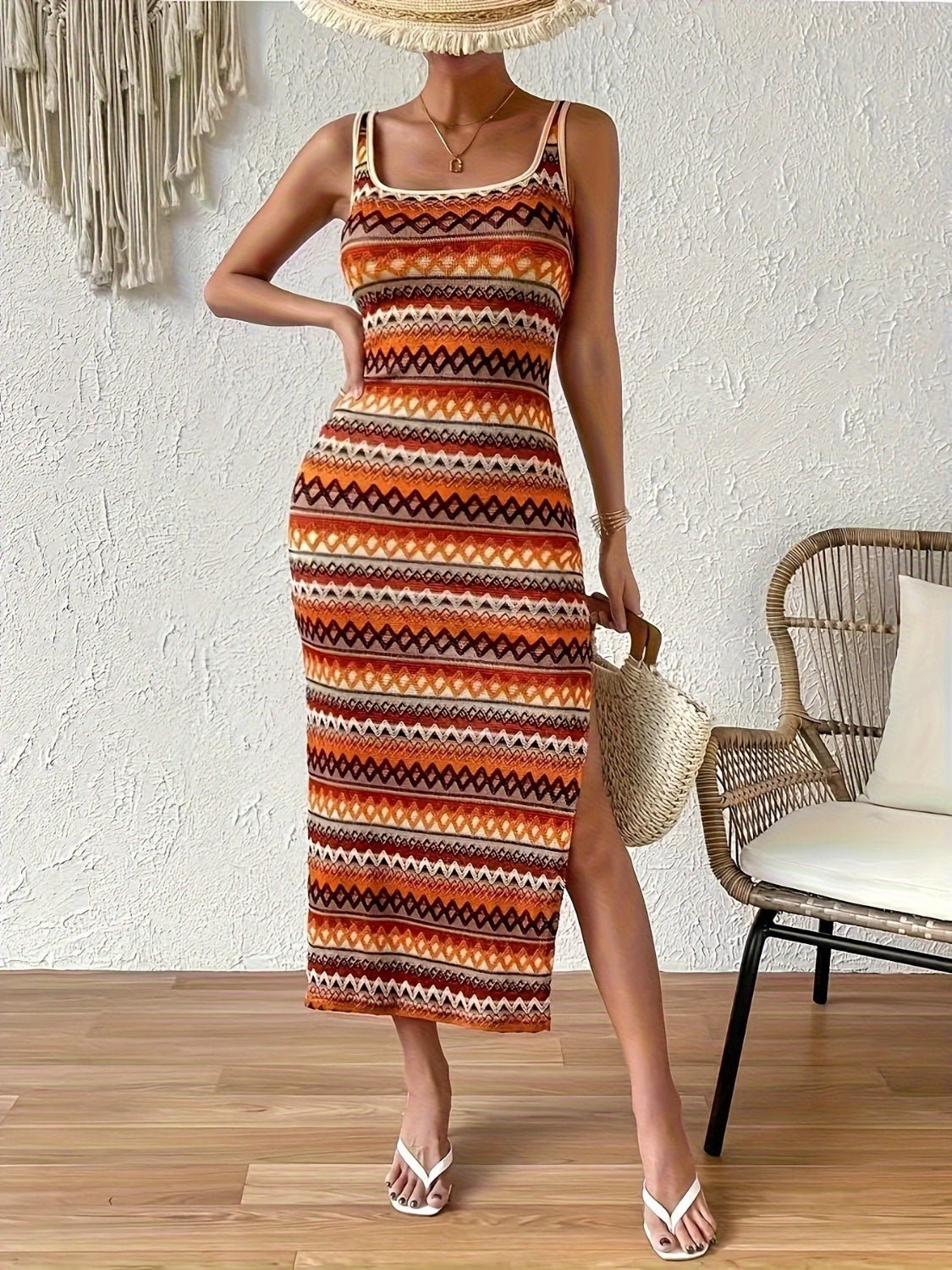 Full Size Slit Square Neck Wide Strap Midi Dress - Flip Flop Dynasty
