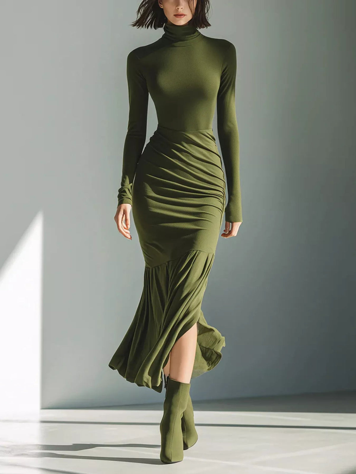 Full Size Slit Turtleneck Ruched Bodycon Mermaid Dress Plus Size - Flip Flop Dynasty