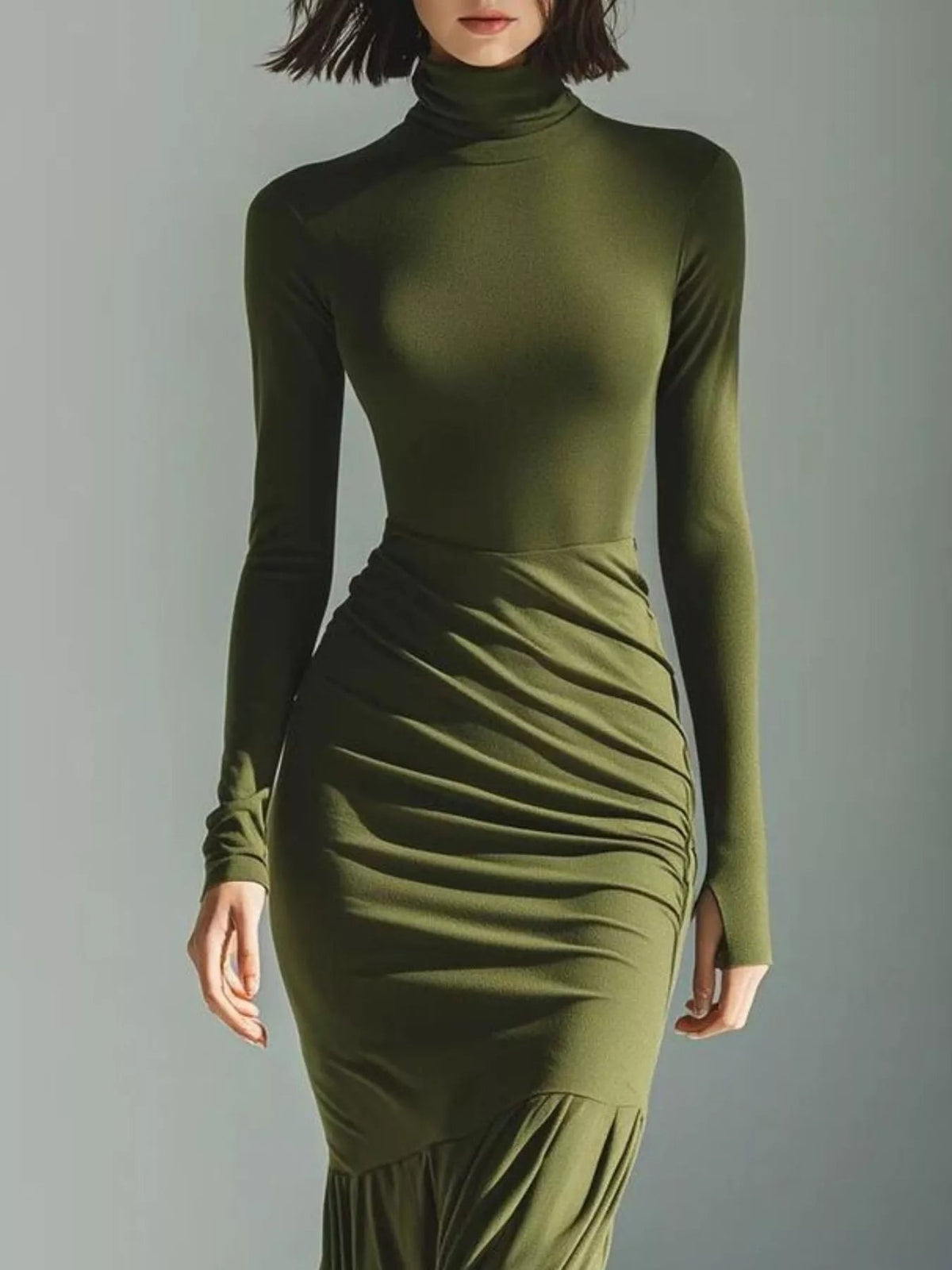 Full Size Slit Turtleneck Ruched Bodycon Mermaid Dress Plus Size - Flip Flop Dynasty