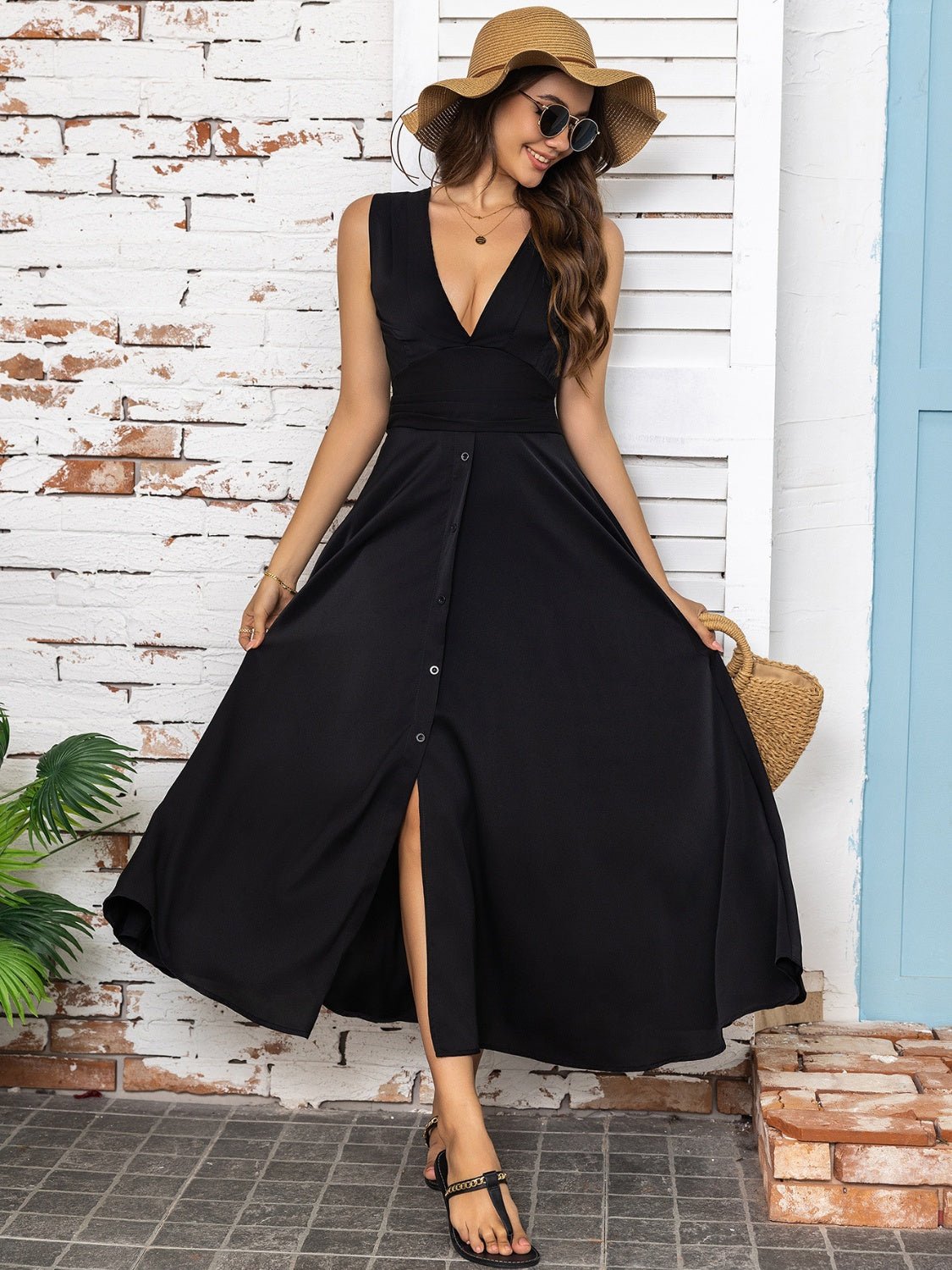 Full Size Slit V - Neck Sleeveless Midi Dress - Flip Flop Dynasty