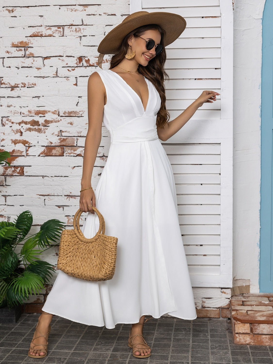 Full Size Slit V - Neck Sleeveless Midi Dress - Flip Flop Dynasty