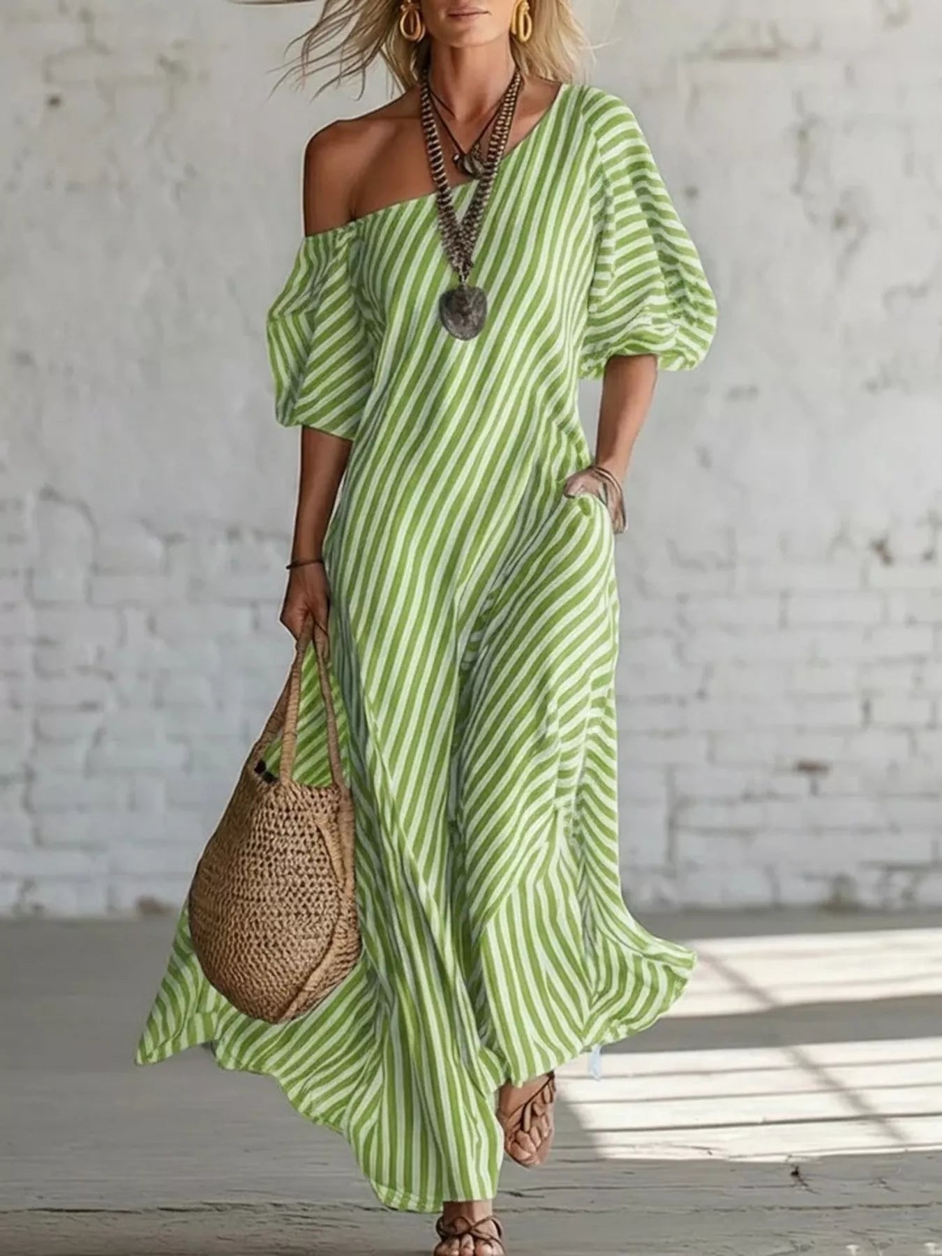 Full Size Striped One - Shoulder Casual Maxi Dress Plus Size - Flip Flop Dynasty