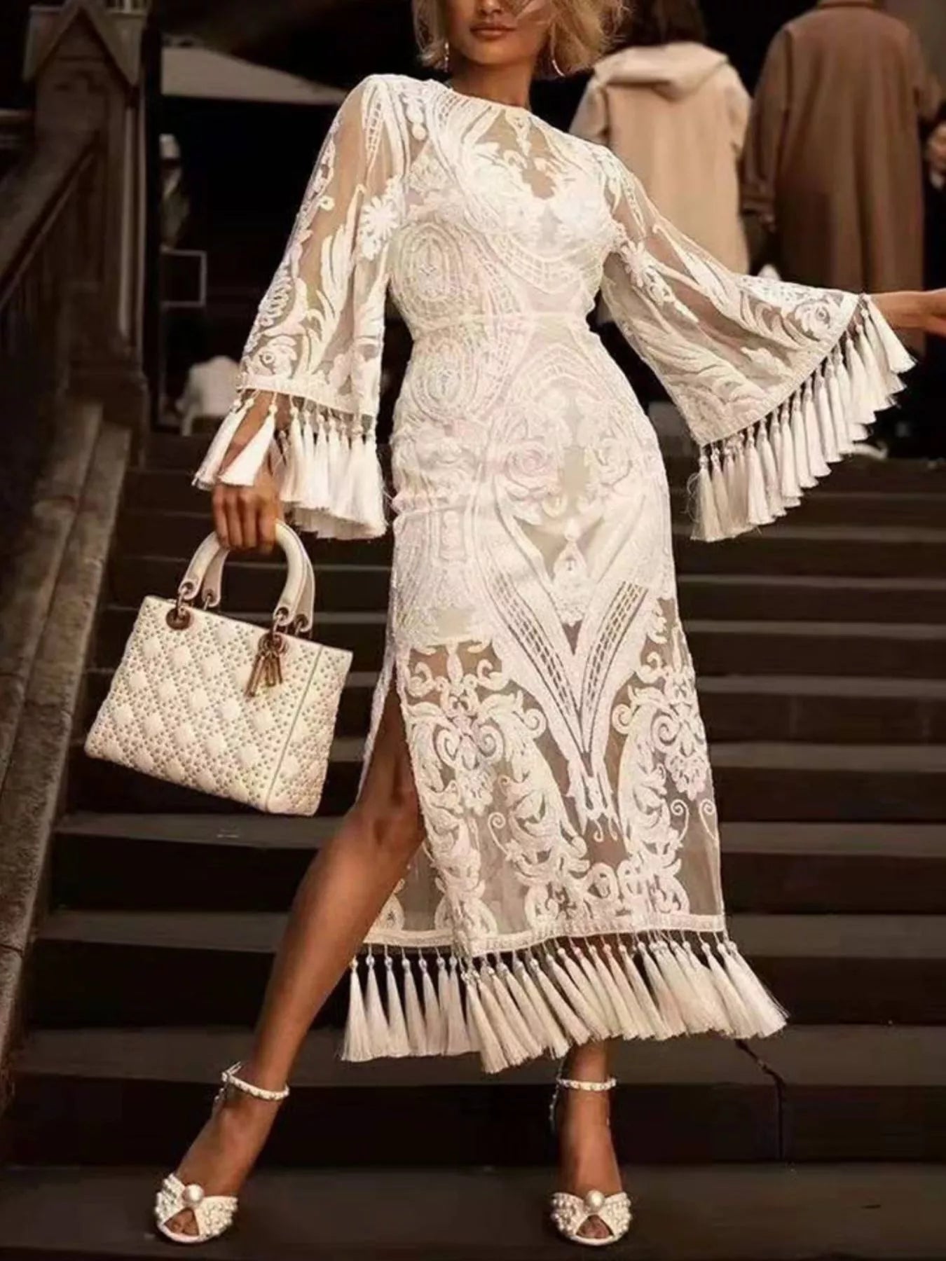 Full Size Tassel Hem Lace Flare Sleeve Dress Plus Size - Flip Flop Dynasty