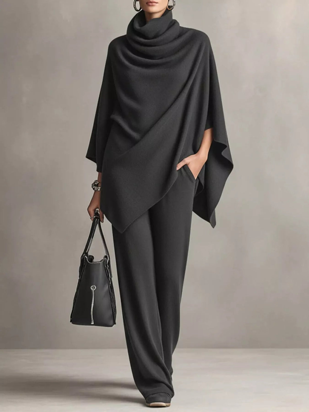 Full Size Turtleneck Poncho and Wide-Leg Pants Set Plus Size - Flip Flop Dynasty