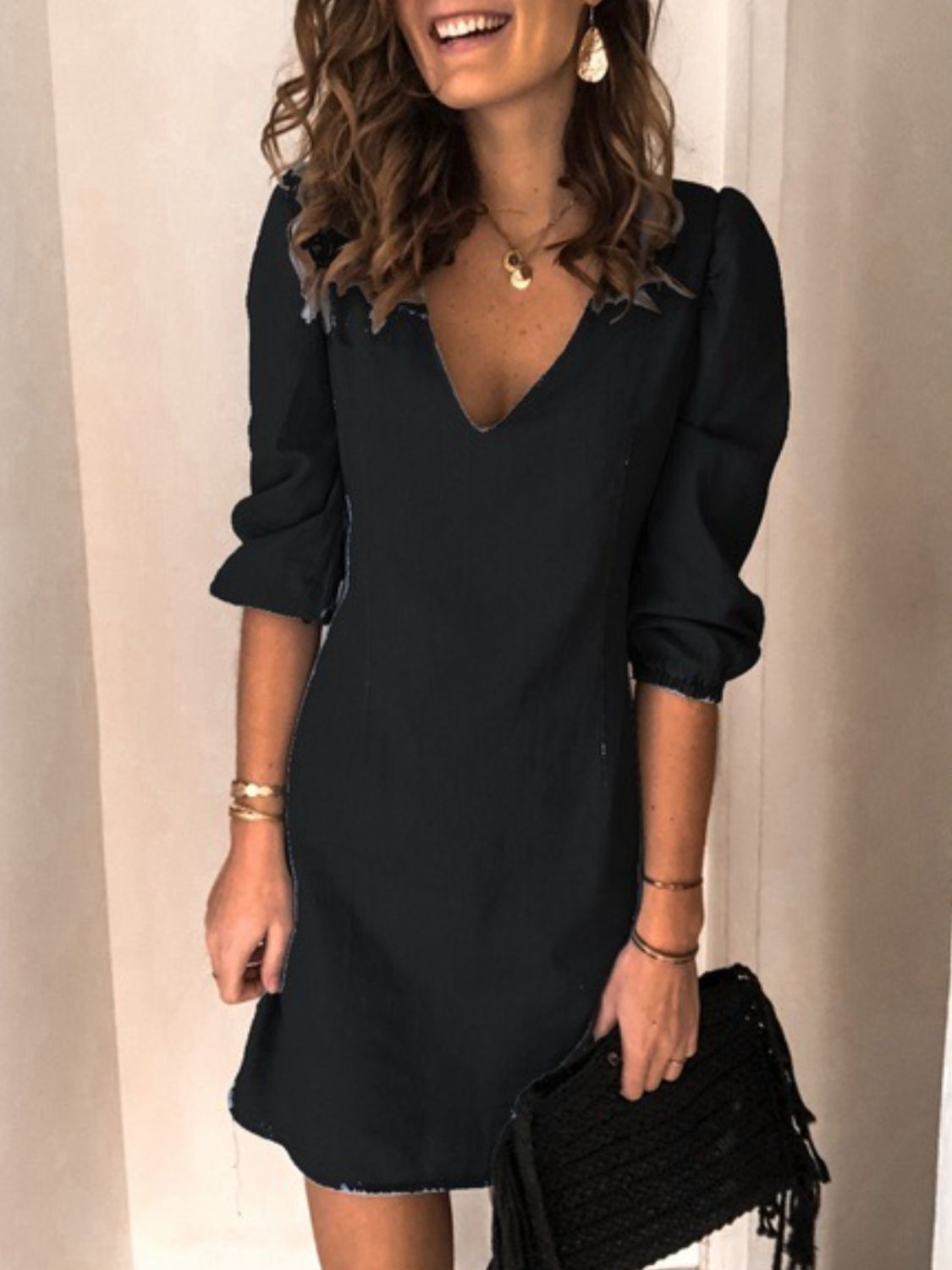 Full Size V - Neck Half Sleeve Dress - Flip Flop Dynasty