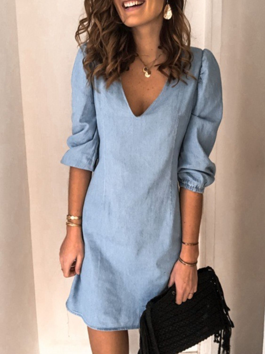 Full Size V - Neck Half Sleeve Dress - Flip Flop Dynasty