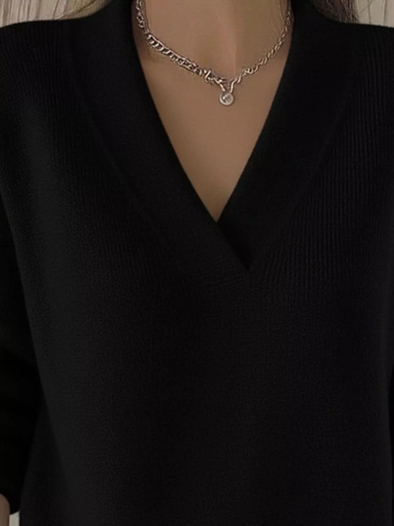 Full Size V - Neck Long Sleeve Sweater Plus Size - Flip Flop Dynasty