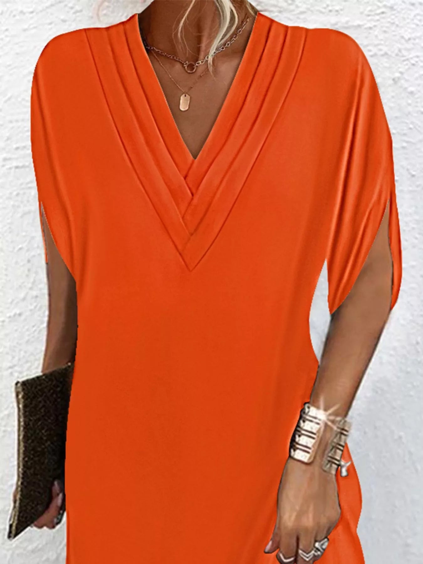 Full Size V - Neck Slit Sleeve Mini Dress Plus Size - Flip Flop Dynasty