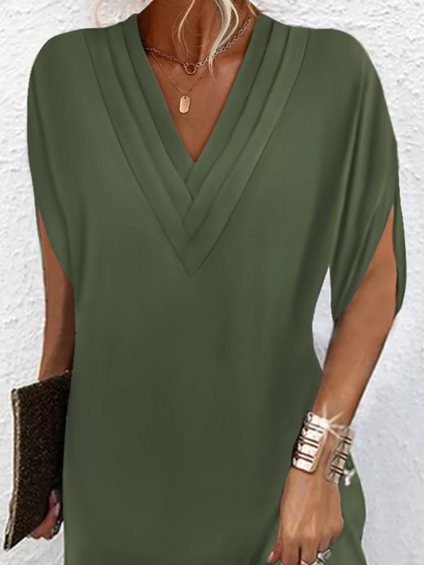 Full Size V - Neck Slit Sleeve Mini Dress Plus Size - Flip Flop Dynasty