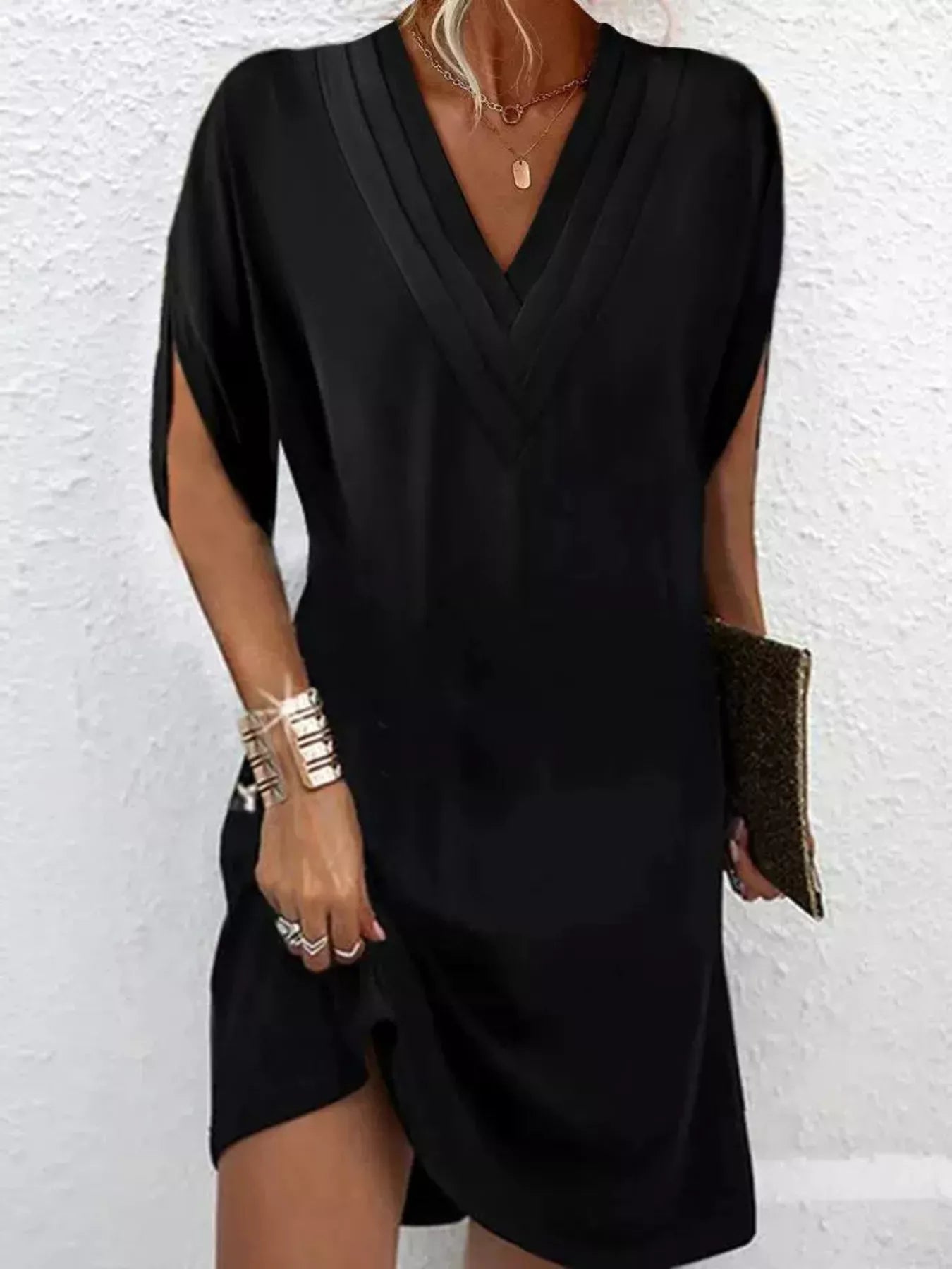 Full Size V - Neck Slit Sleeve Mini Dress Plus Size - Flip Flop Dynasty