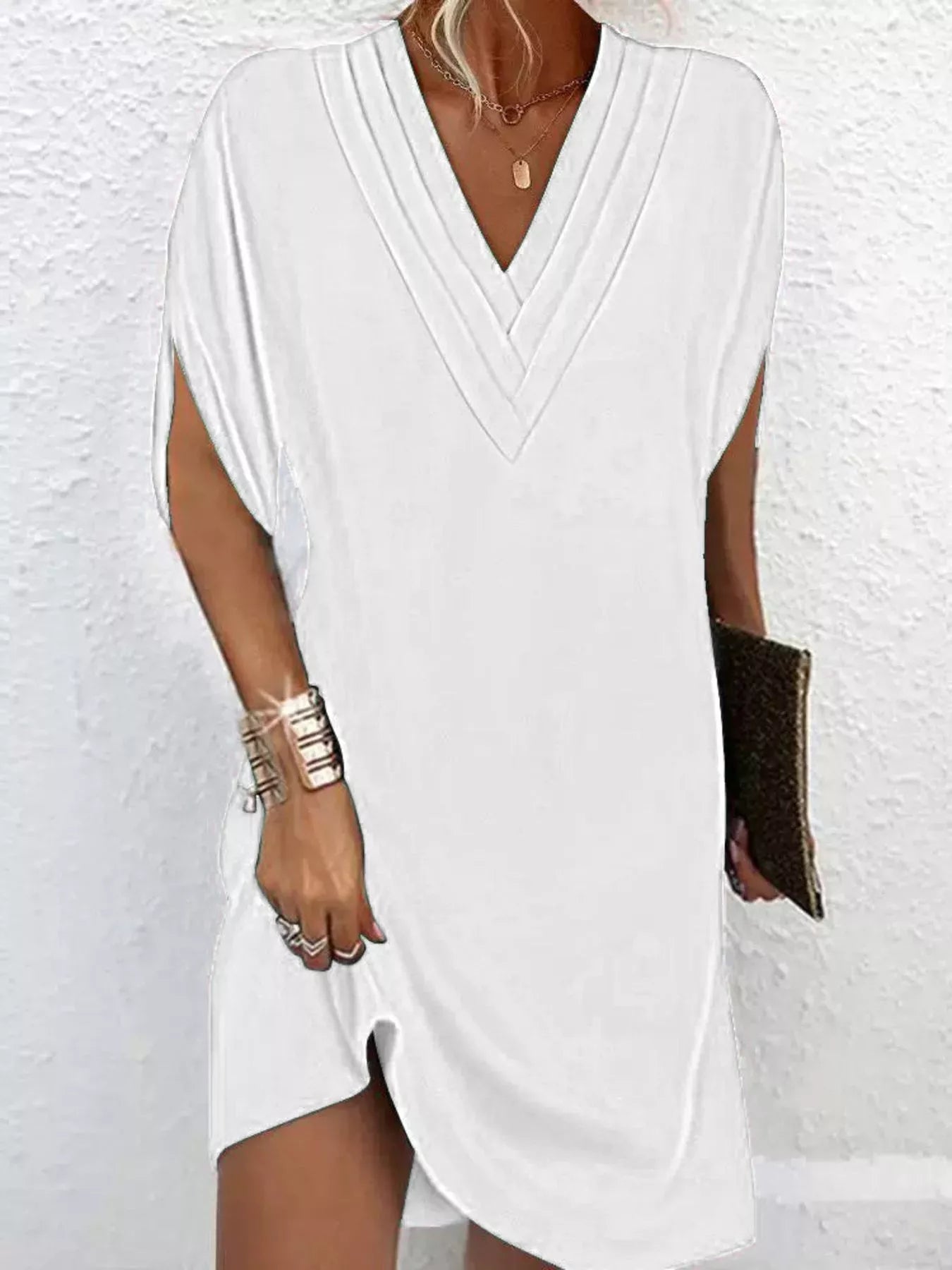 Full Size V - Neck Slit Sleeve Mini Dress Plus Size - Flip Flop Dynasty