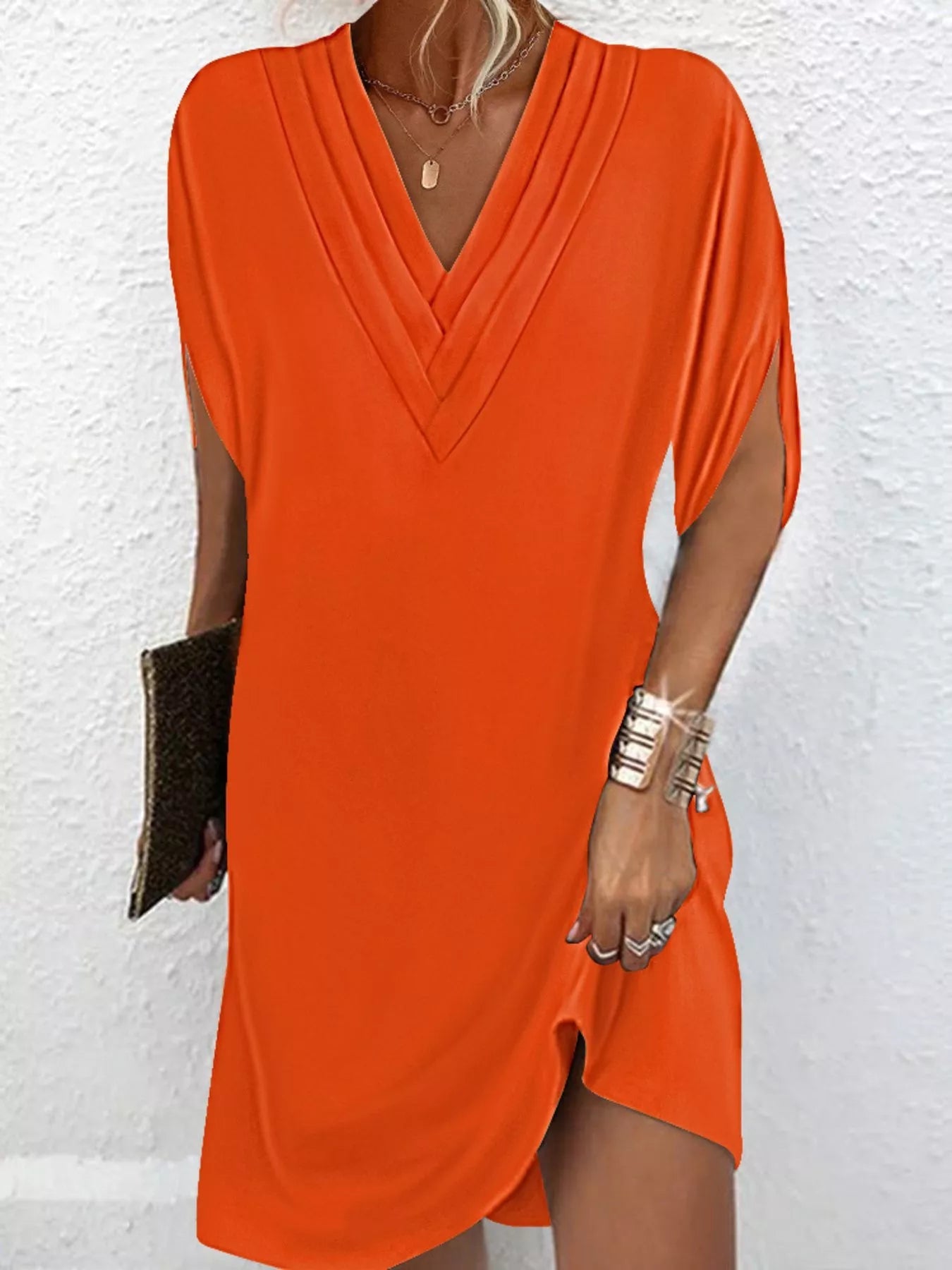 Full Size V - Neck Slit Sleeve Mini Dress Plus Size - Flip Flop Dynasty