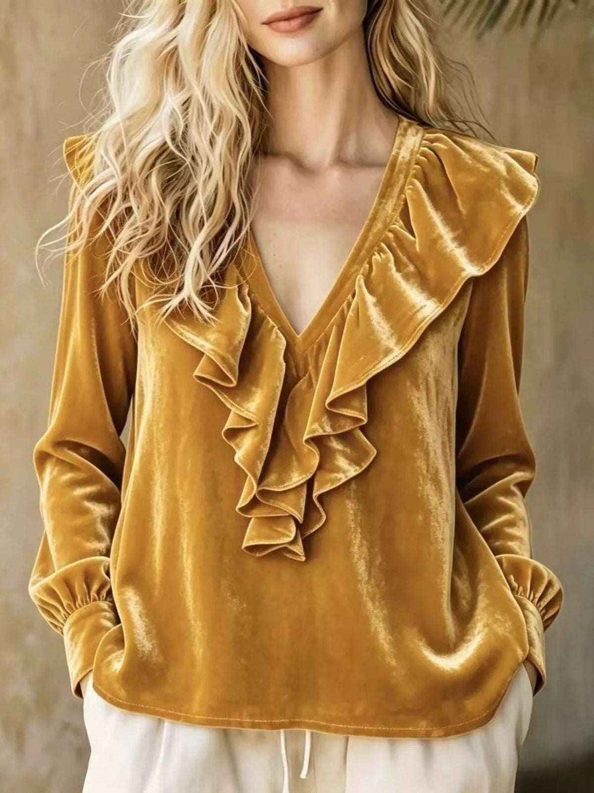 Full Size Velvet Ruffle V-Neck Blouse Plus Size - Flip Flop Dynasty