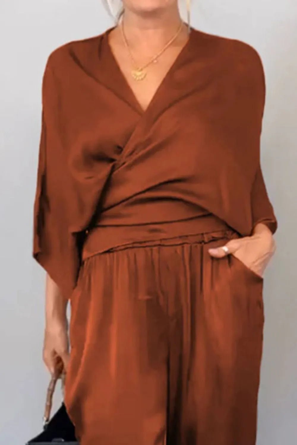 Full Size Wrap Surplice Top and Pants Set Plus Size - Flip Flop Dynasty