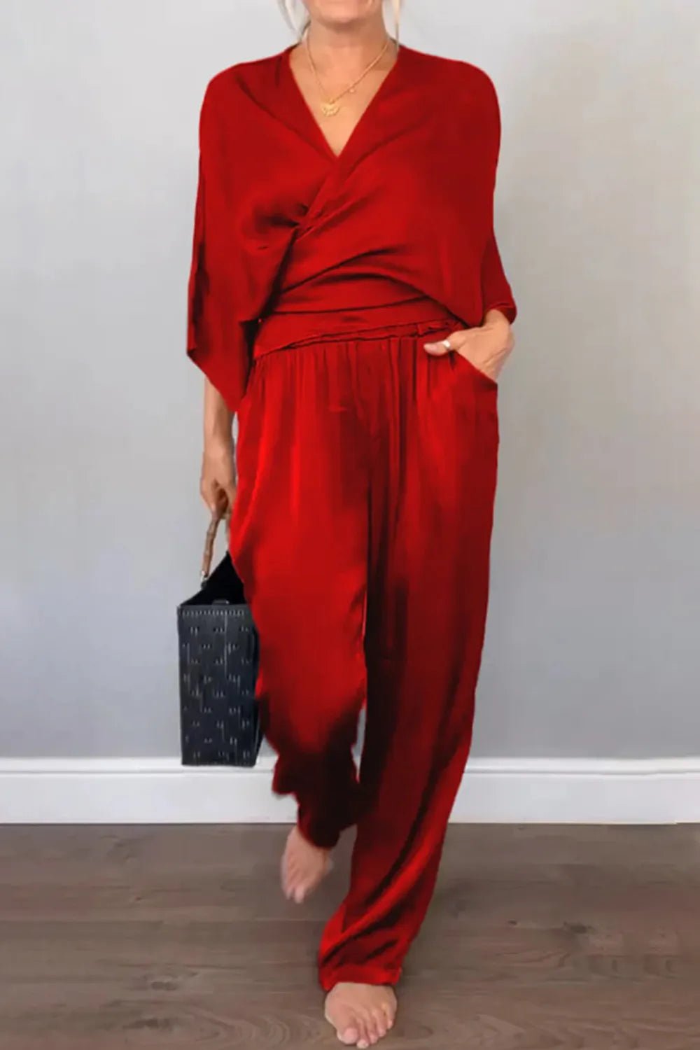 Full Size Wrap Surplice Top and Pants Set Plus Size - Flip Flop Dynasty