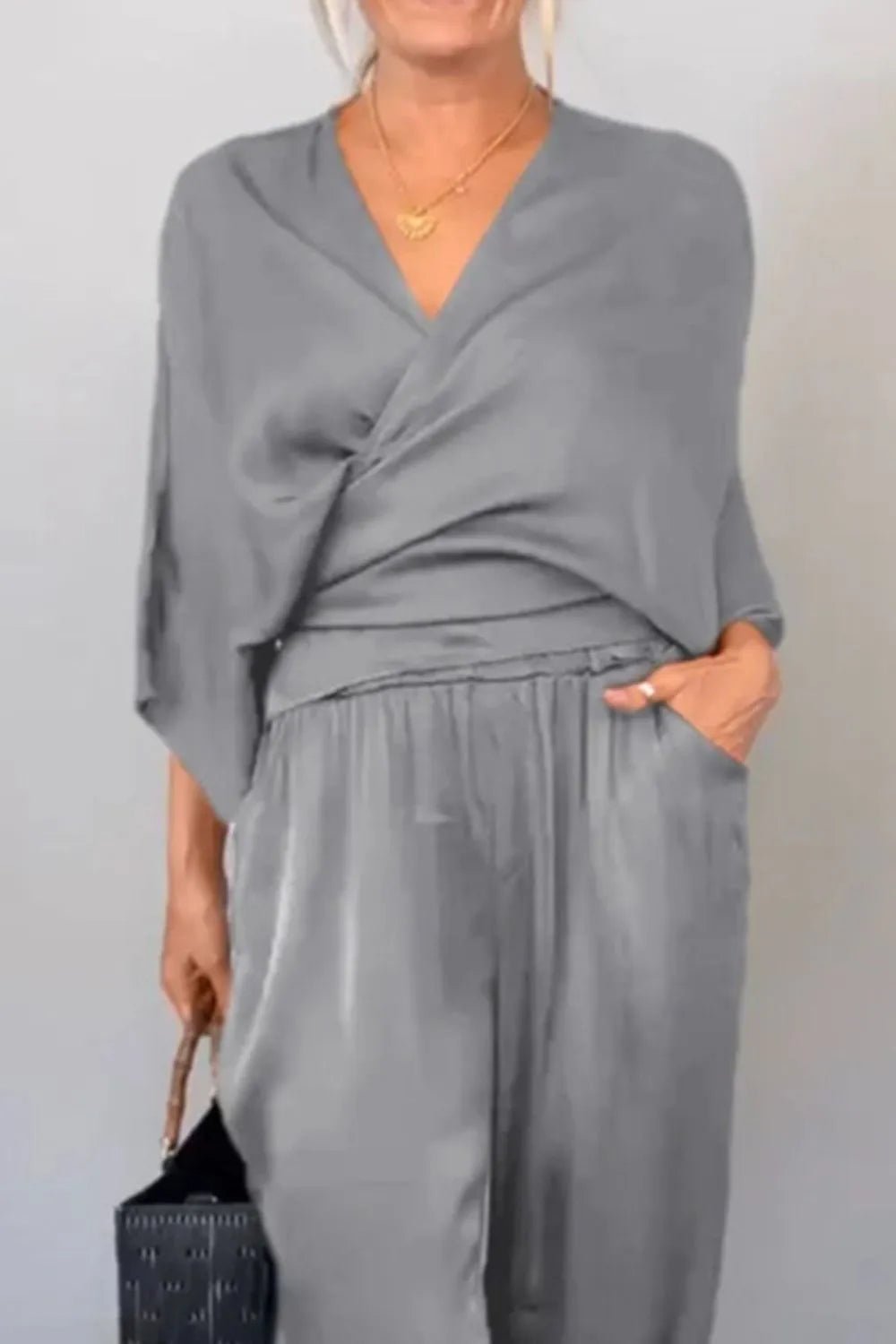 Full Size Wrap Surplice Top and Pants Set Plus Size - Flip Flop Dynasty