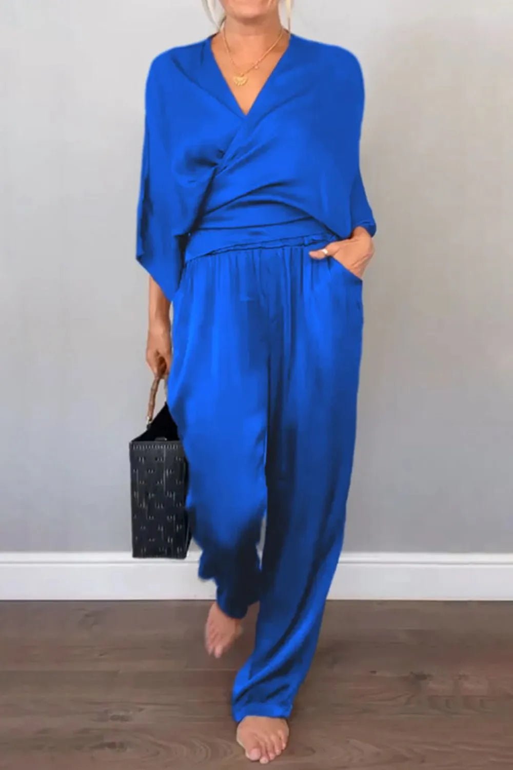 Full Size Wrap Surplice Top and Pants Set Plus Size - Flip Flop Dynasty