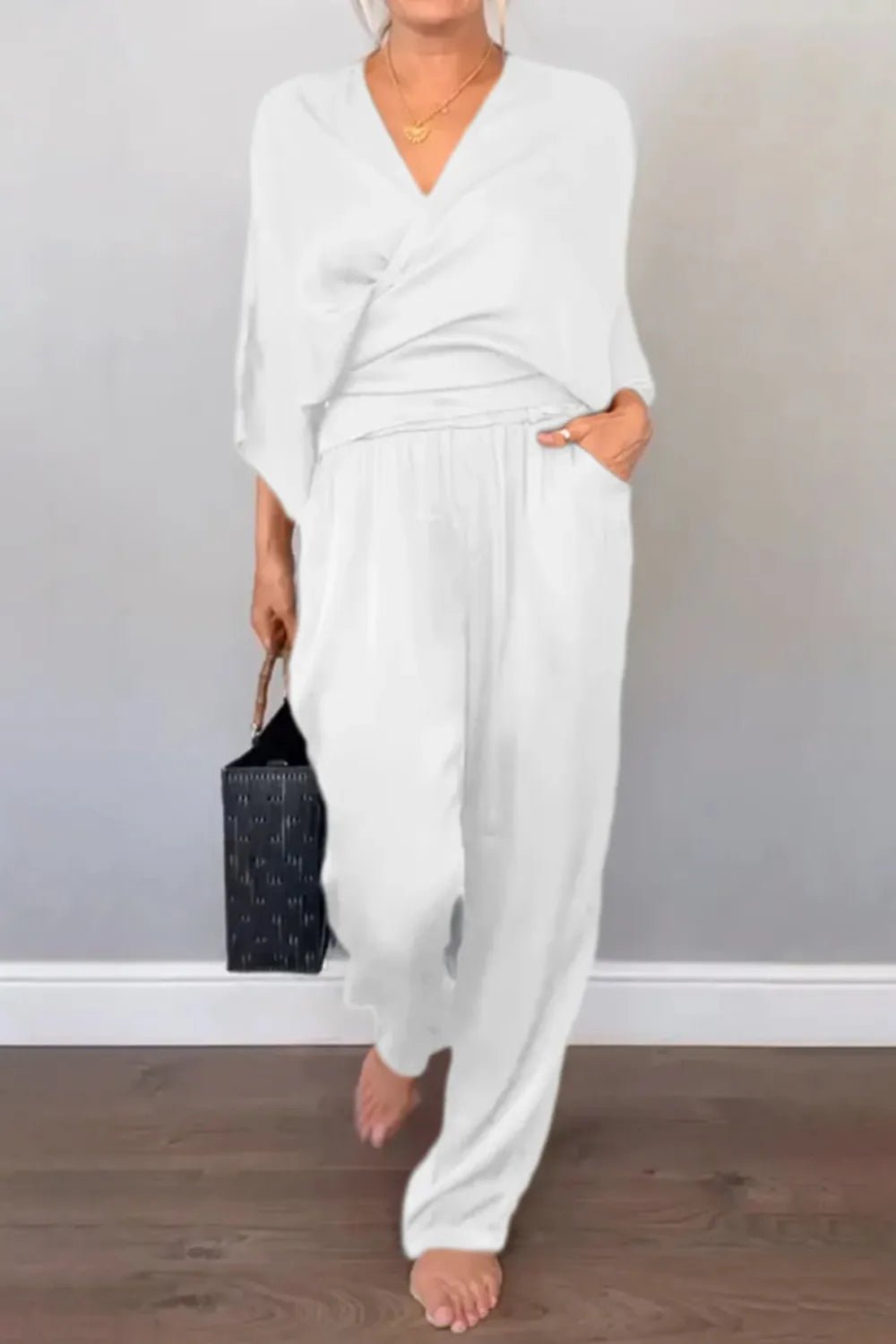Full Size Wrap Surplice Top and Pants Set Plus Size - Flip Flop Dynasty