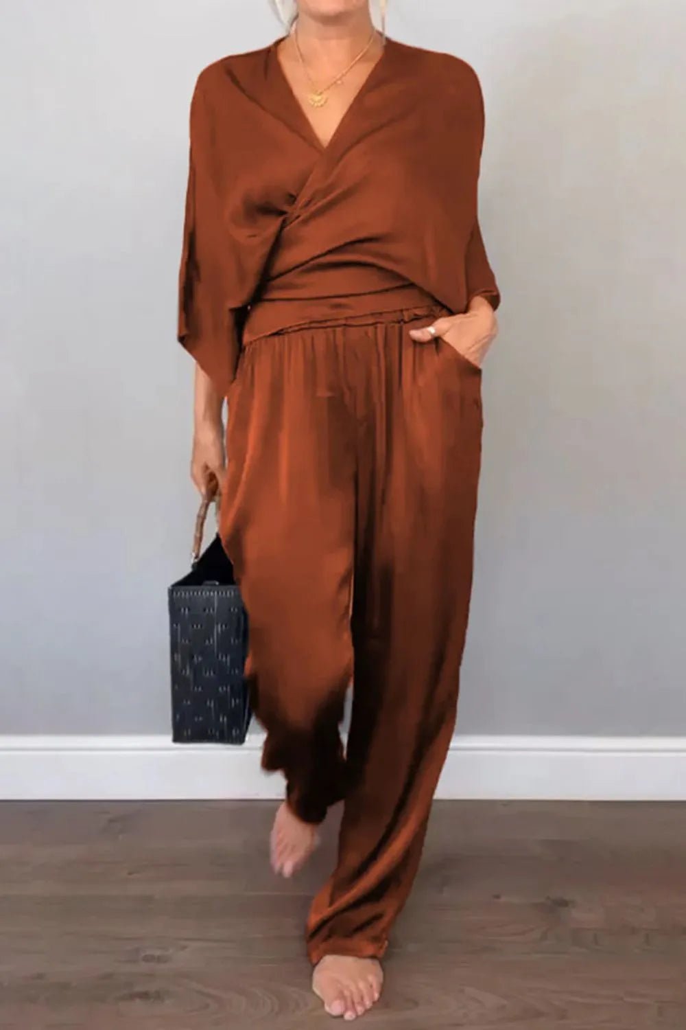Full Size Wrap Surplice Top and Pants Set Plus Size - Flip Flop Dynasty