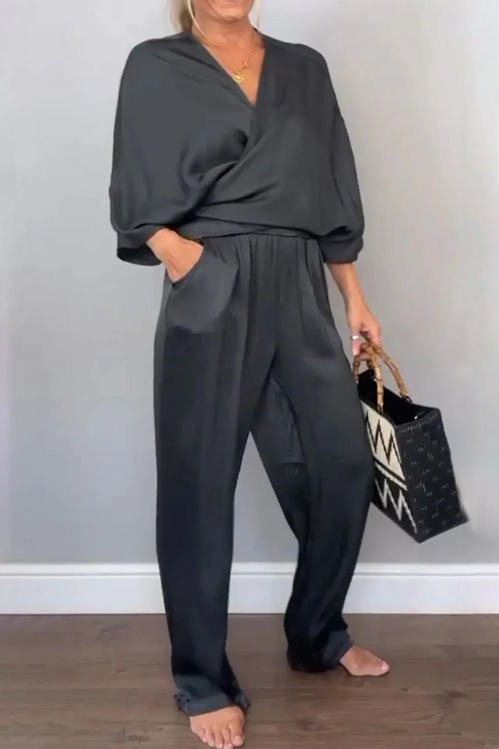 Full Size Wrap Surplice Top and Pants Set Plus Size - Flip Flop Dynasty
