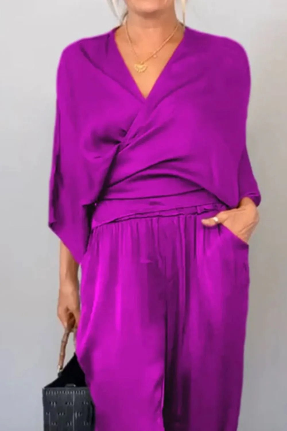Full Size Wrap Surplice Top and Pants Set Plus Size - Flip Flop Dynasty
