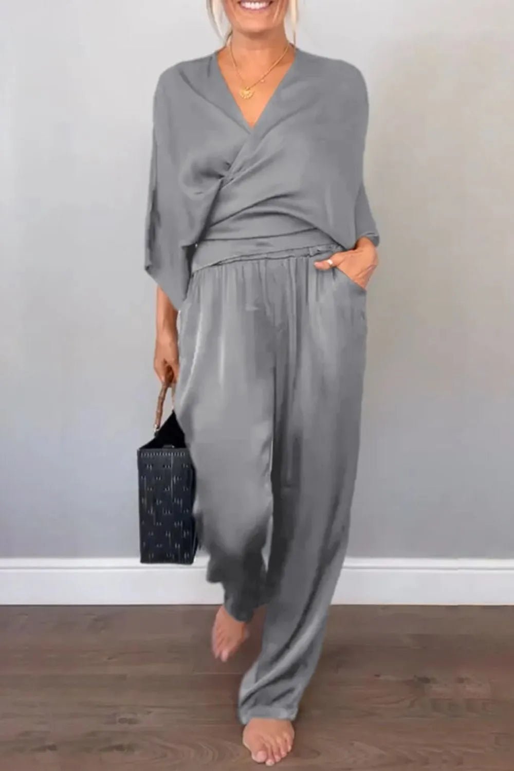 Full Size Wrap Surplice Top and Pants Set Plus Size - Flip Flop Dynasty