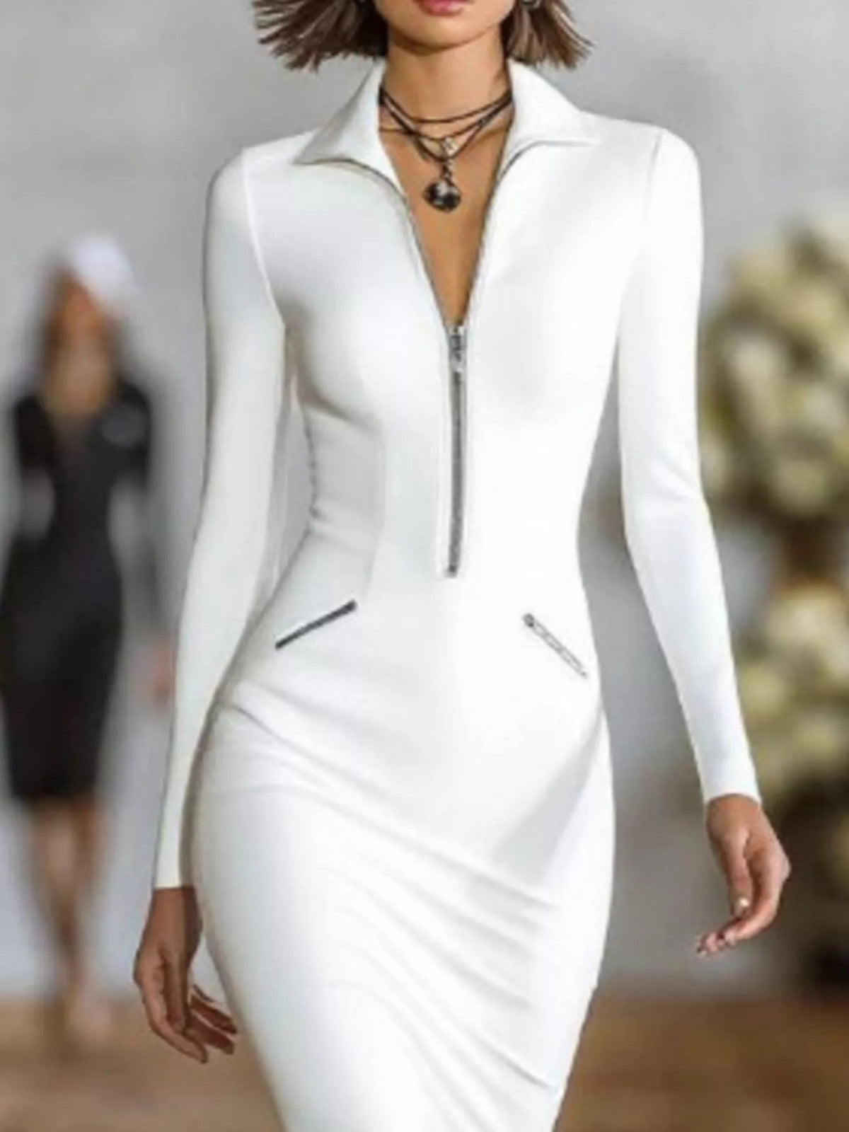 Full Size Zip-Front Bodycon Midi Dress Plus Size - Flip Flop Dynasty
