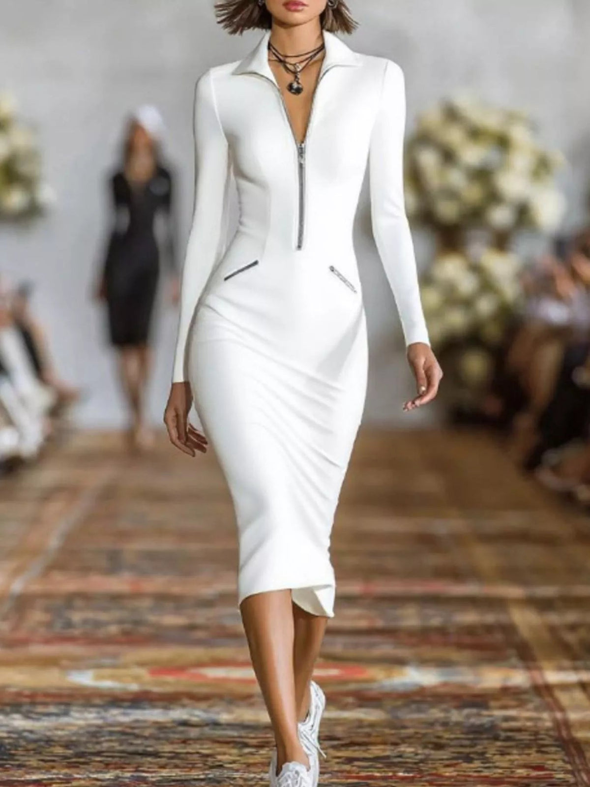 Full Size Zip-Front Bodycon Midi Dress Plus Size - Flip Flop Dynasty