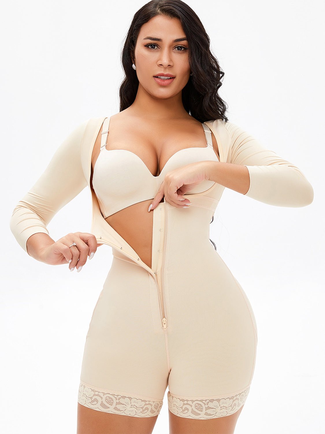 Full Size Zip Up Lace Detail Long Sleeve Shapewear - Flip Flop Dynasty