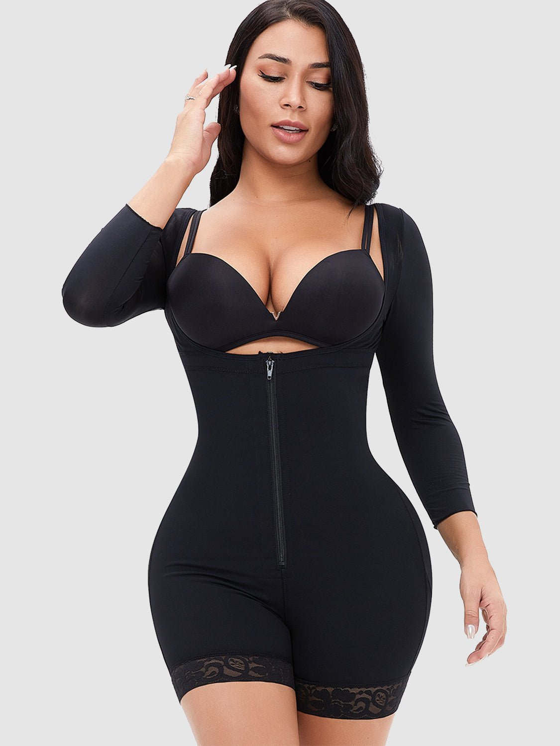 Full Size Zip Up Lace Detail Long Sleeve Shapewear - Flip Flop Dynasty
