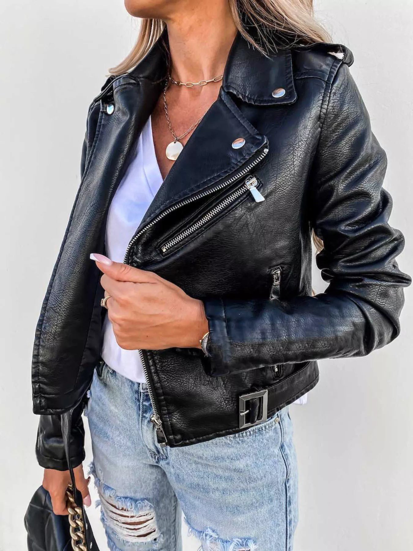 Full Size Zip Up Leather Motorcycle Biker Jacket Plus Size - Flip Flop Dynasty