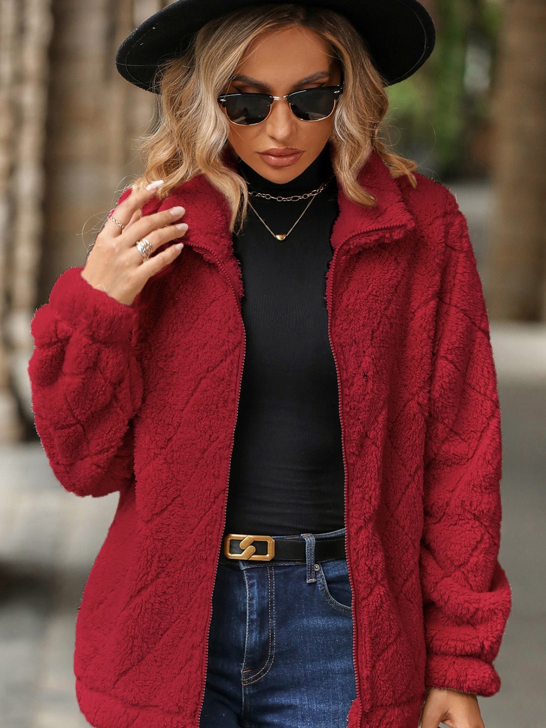 Fuzzy Pocketed Zip Up Jacket - Flip Flop Dynasty