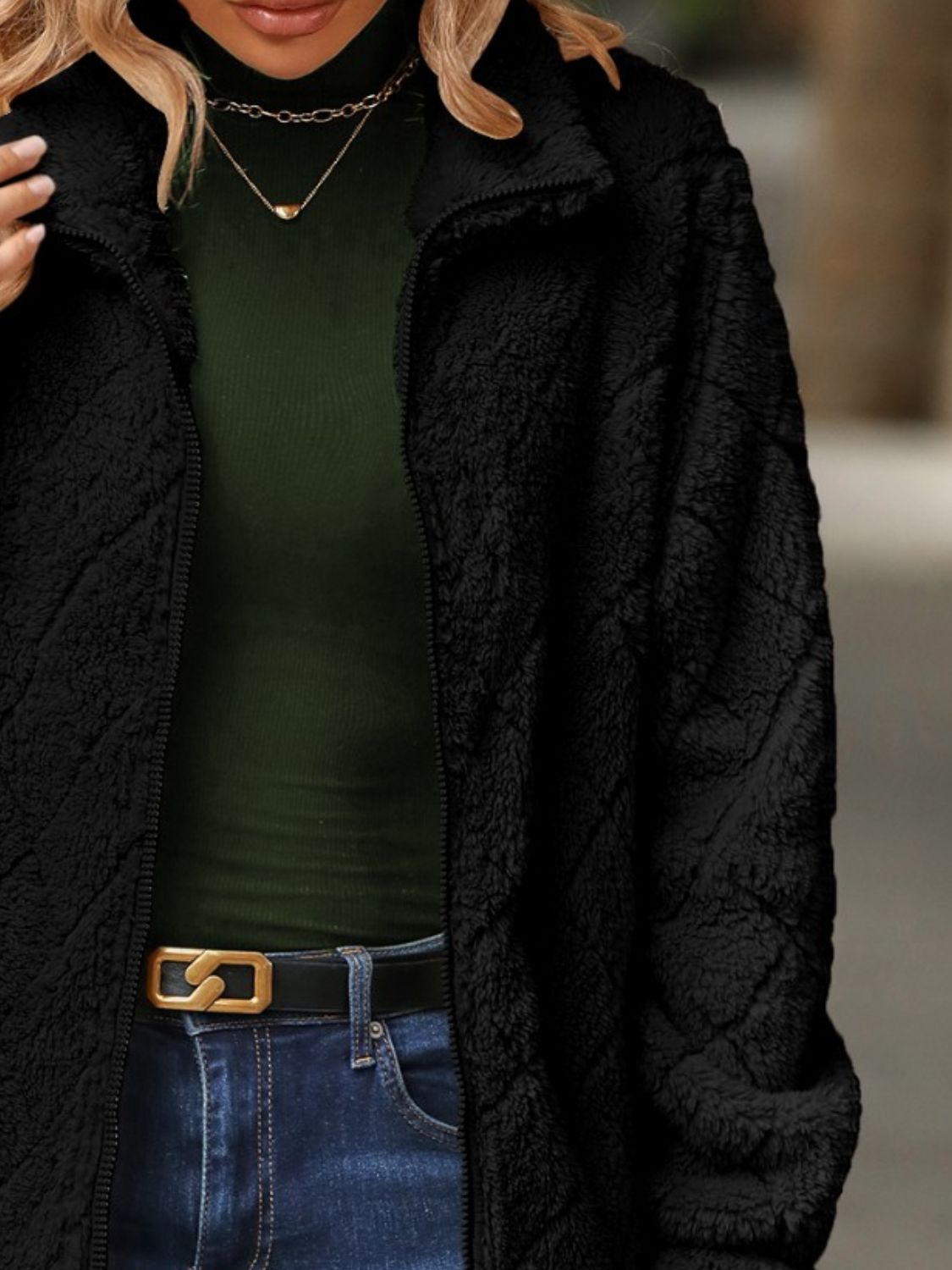 Fuzzy Pocketed Zip Up Jacket - Flip Flop Dynasty