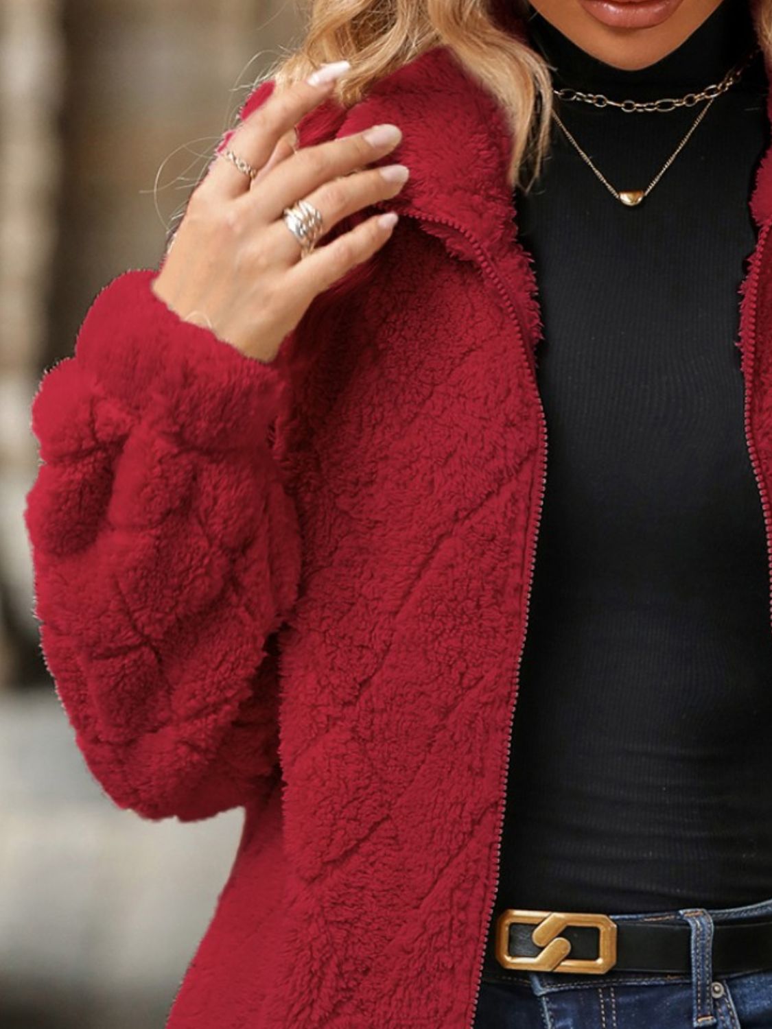 Fuzzy Pocketed Zip Up Jacket - Flip Flop Dynasty
