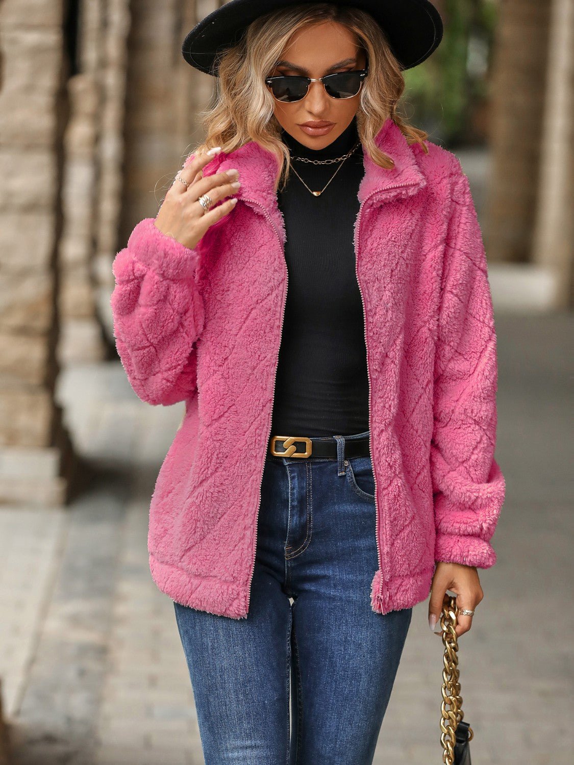 Fuzzy Pocketed Zip Up Jacket - Flip Flop Dynasty