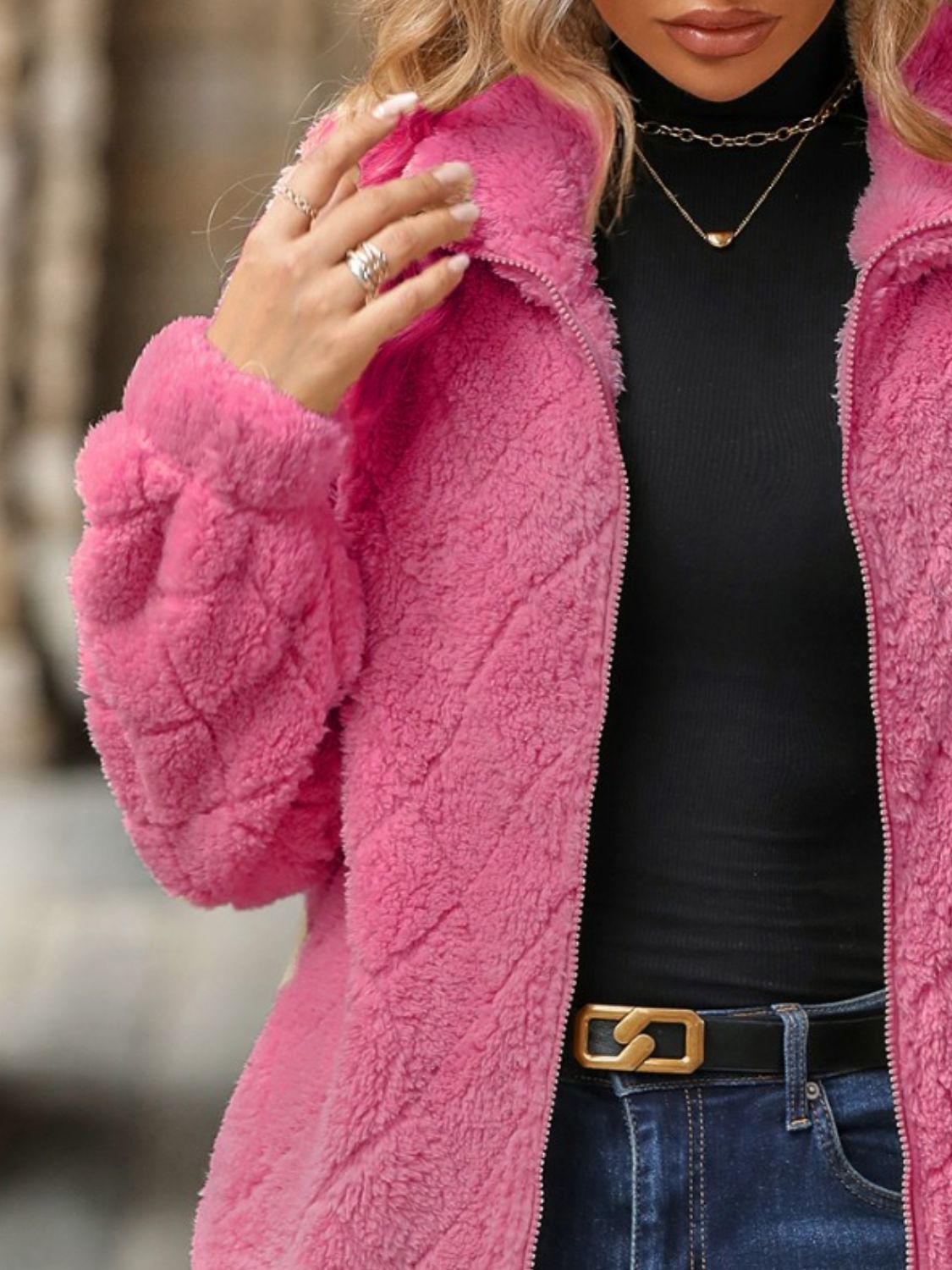 Fuzzy Pocketed Zip Up Jacket - Flip Flop Dynasty