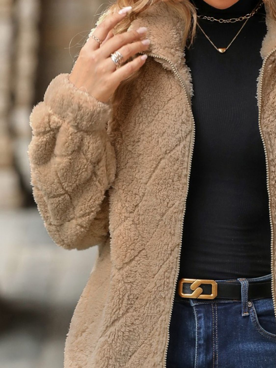 Fuzzy Pocketed Zip Up Jacket - Flip Flop Dynasty