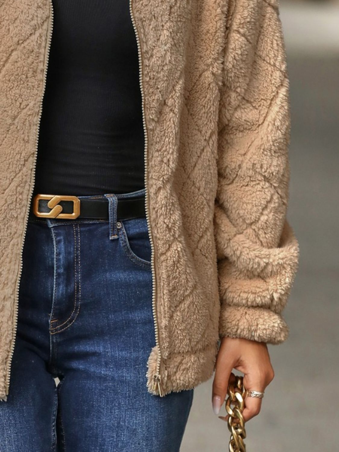 Fuzzy Pocketed Zip Up Jacket - Flip Flop Dynasty