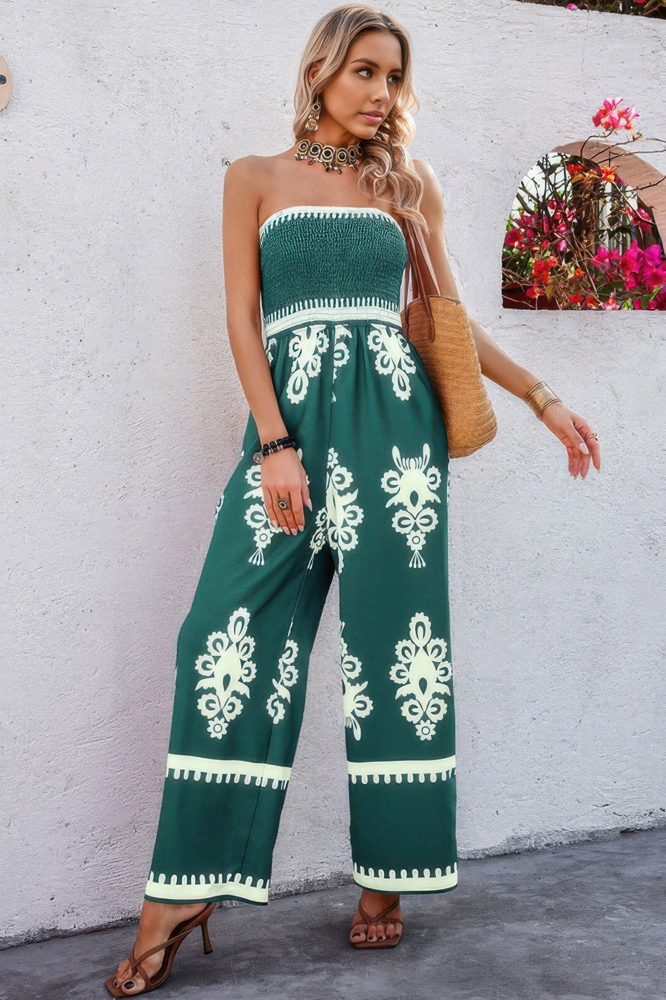 Geo Print Off Shoulder High Waist Fit Jumpsuit - Flip Flop Dynasty