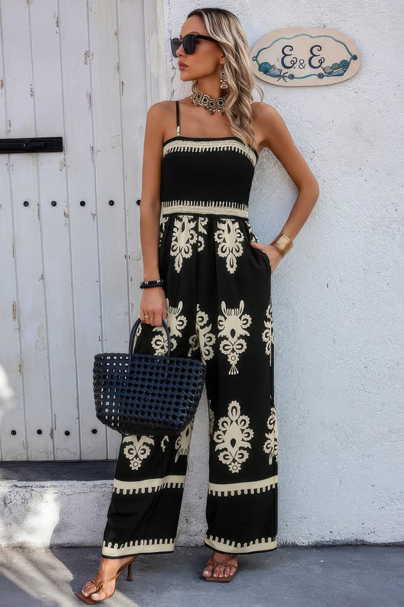 Geo Print Off Shoulder High Waist Fit Jumpsuit - Flip Flop Dynasty