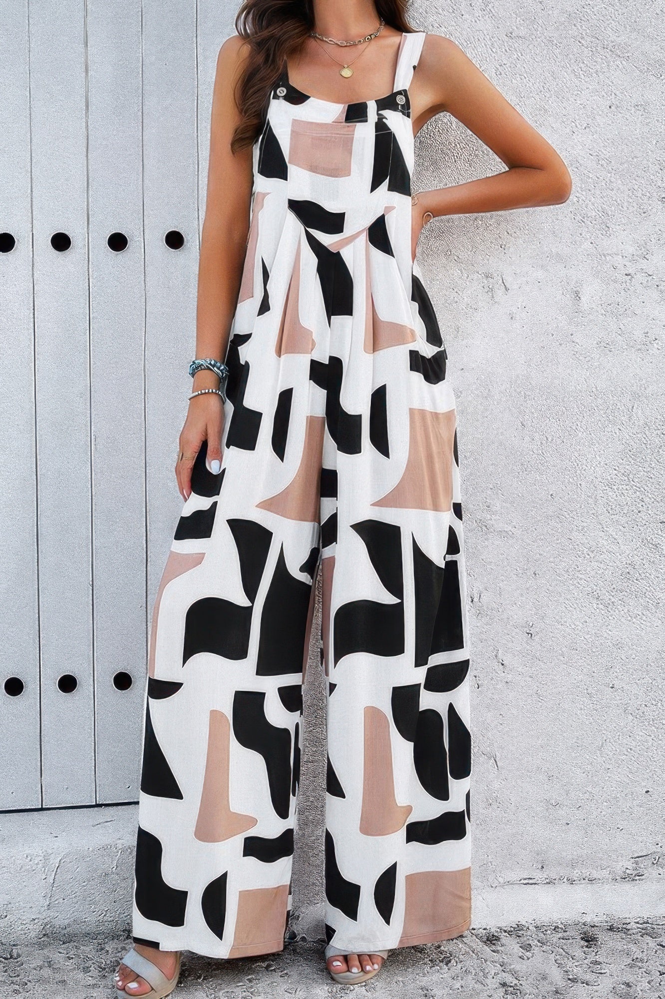 Geo Print Smocked Sleeveless Pockets Jumpsuit - Flip Flop Dynasty