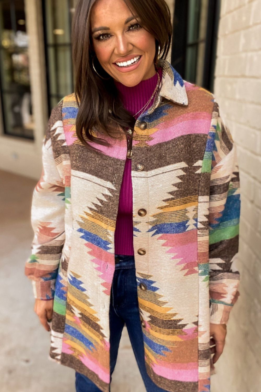 Geometric Button Up Long Sleeve Jacket - Flip Flop Dynasty