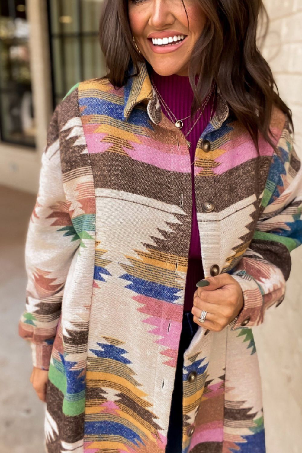 Geometric Button Up Long Sleeve Jacket - Flip Flop Dynasty
