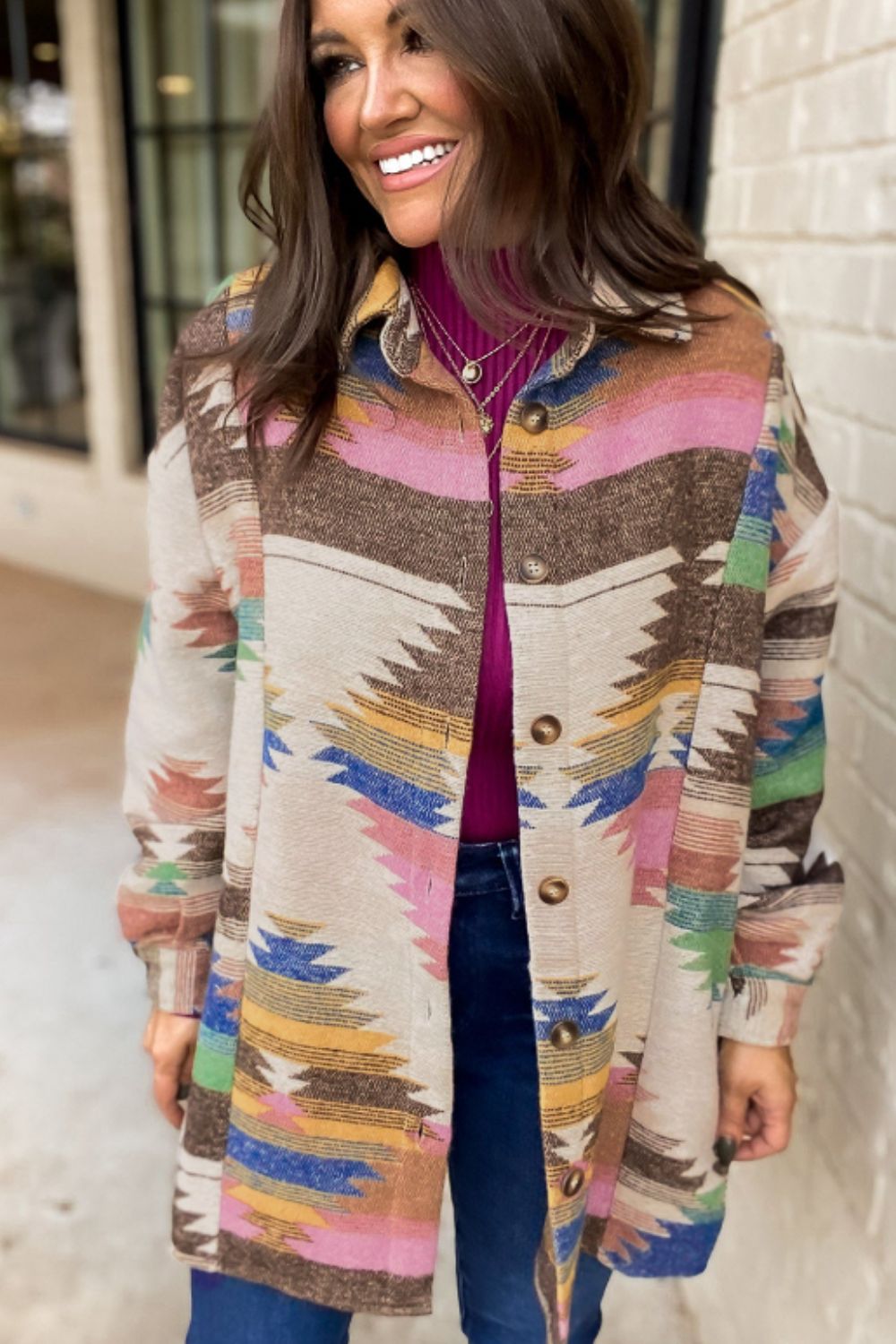 Geometric Button Up Long Sleeve Jacket - Flip Flop Dynasty