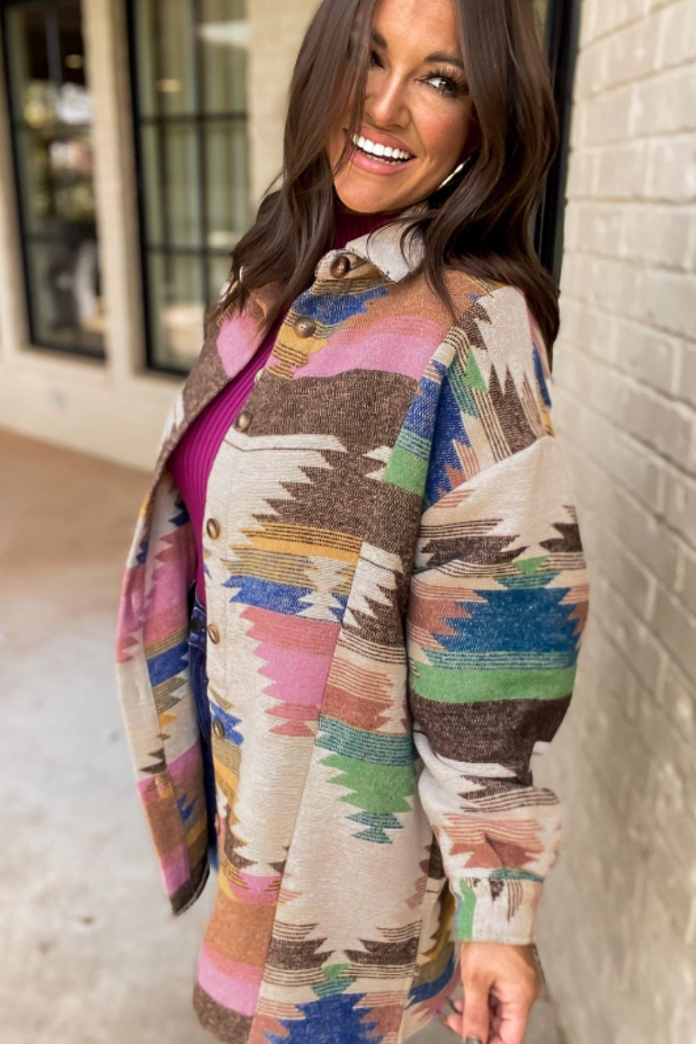 Geometric Button Up Long Sleeve Jacket - Flip Flop Dynasty