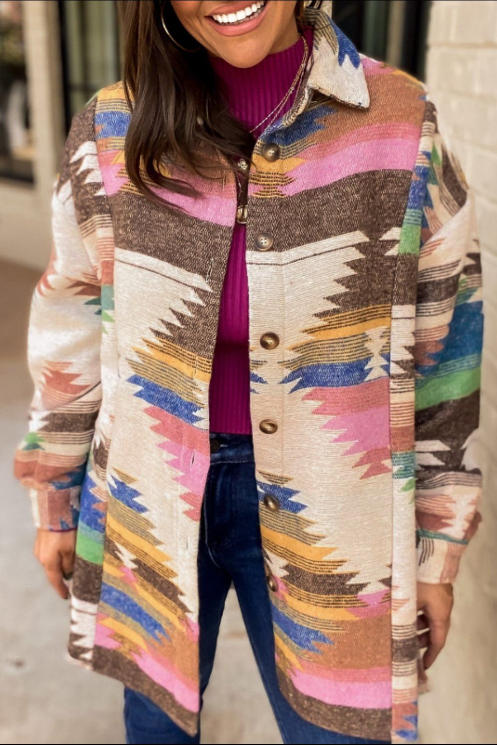 Geometric Button Up Long Sleeve Jacket - Flip Flop Dynasty